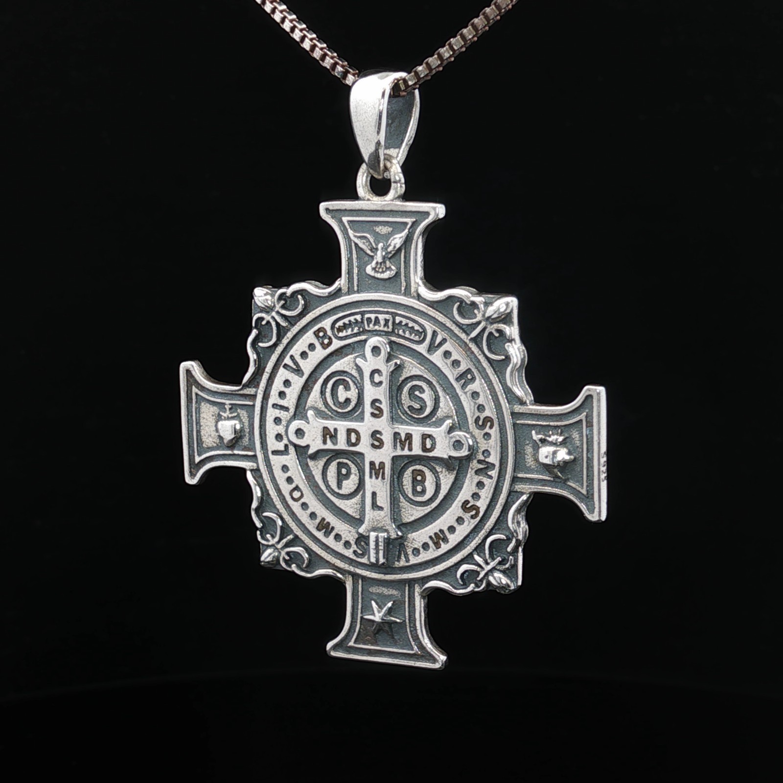 925 Sterling Silver Saint Benedict Two-Sided Cross Necklace