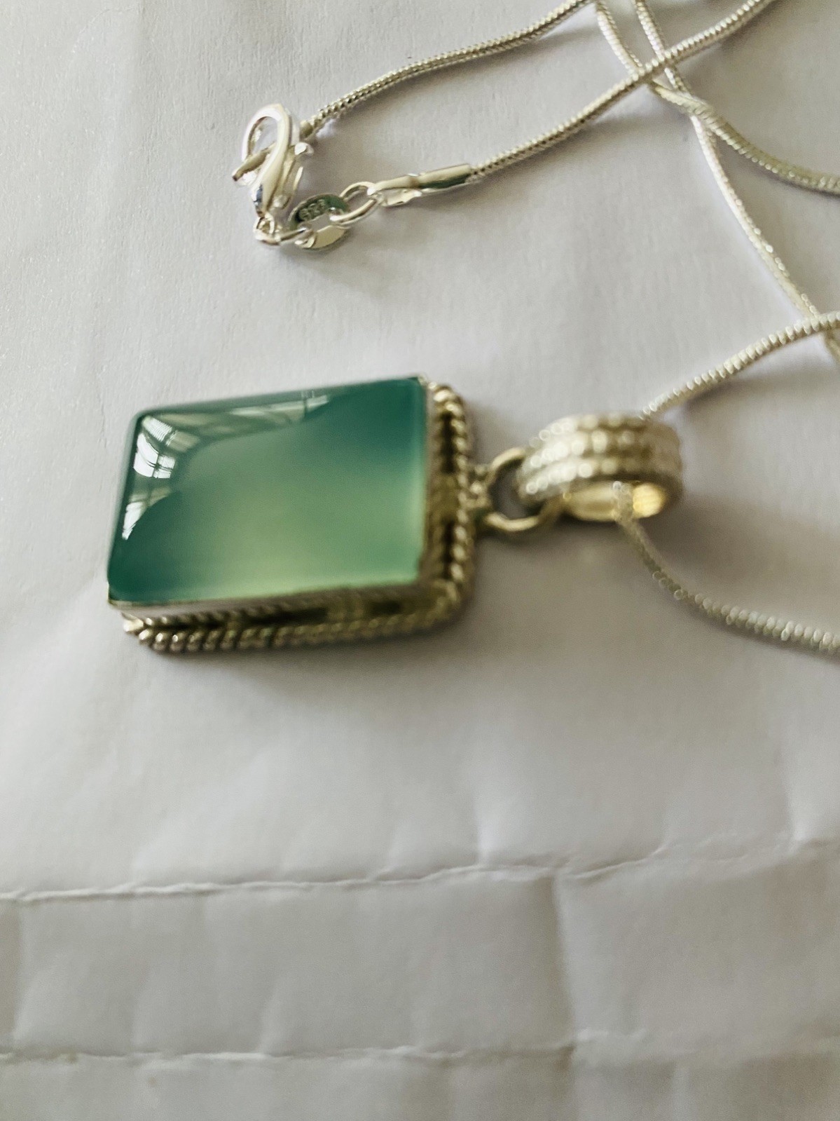 Vintage Aqua Chalcedony Big Pendant 925 Silver 20”chain.4x2cm UK Seller VGC