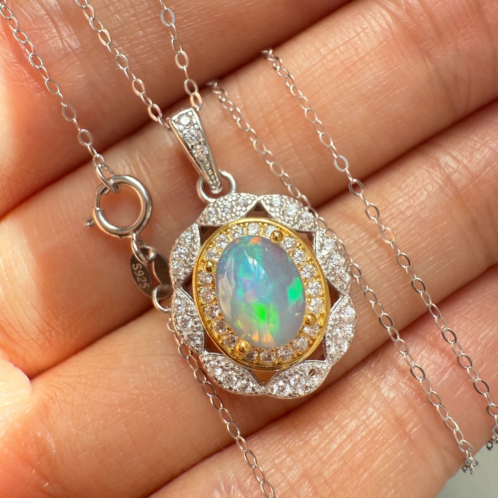 925 Sterling Silver Necklace 8x6mm Natural Opal Handmade Flower Birthstone