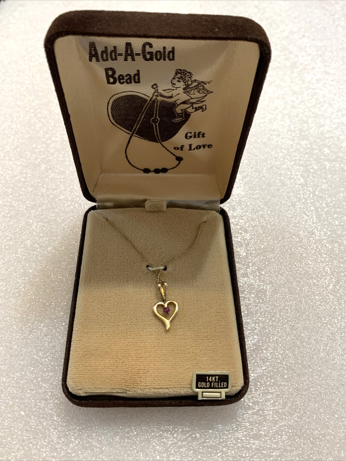 Vtg 14K GF Heart with Ruby 18″ Chain in Original Jewelers Box 1970s