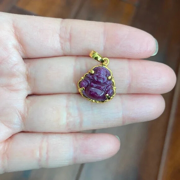 14K Solid Real Gold Laughing Male Buddha Natural Ruby Carved Pendant – Kid Size