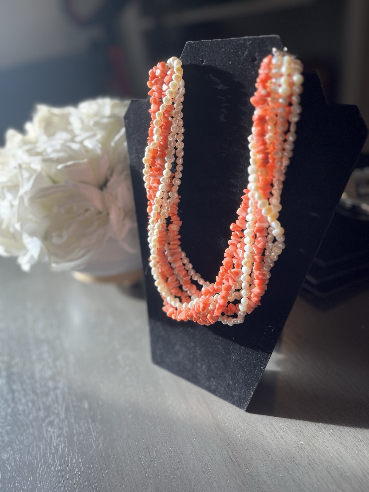 Ross Simon Pearl Polished Coral Necklace Sterling Silver 925 Layered Strands Vtg
