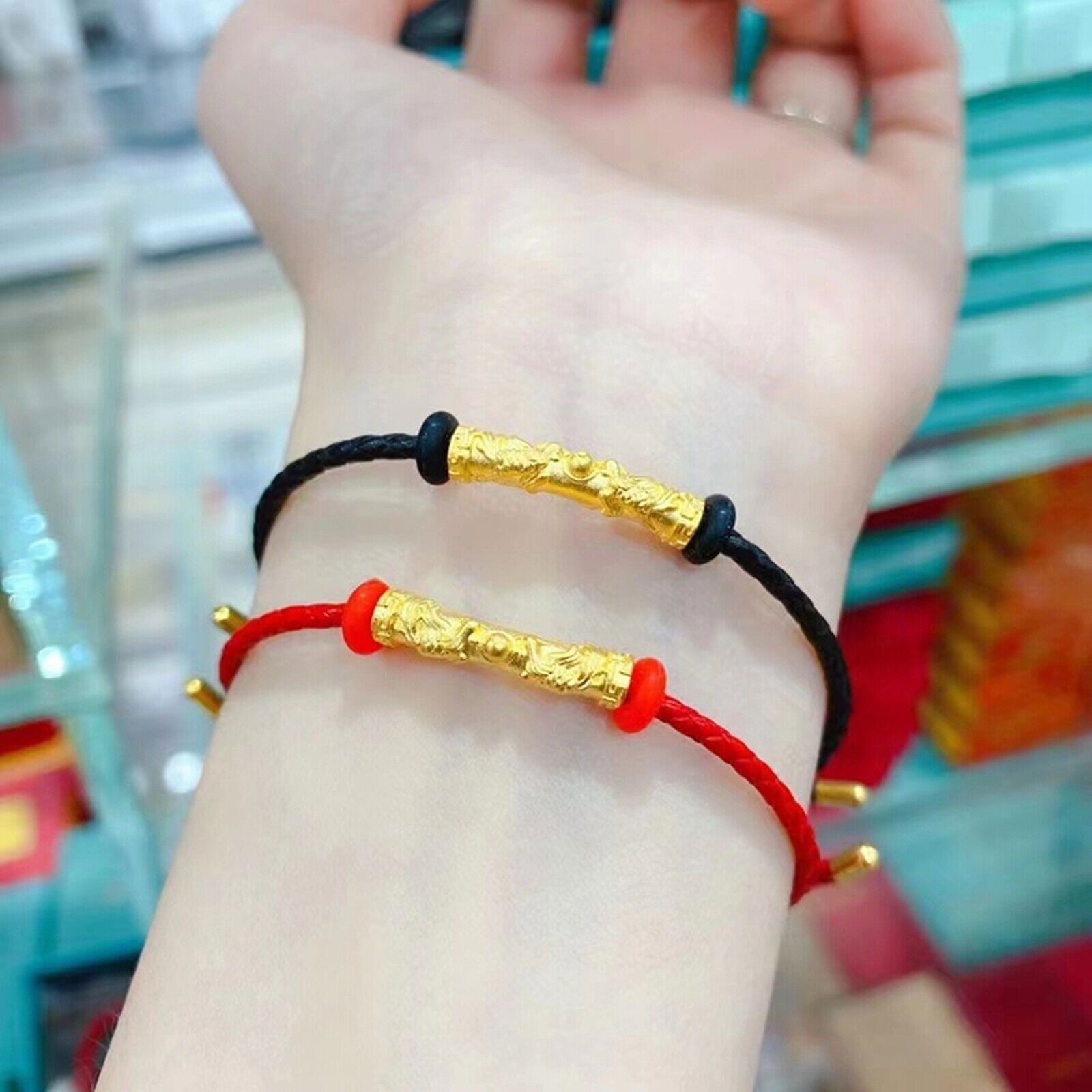 1PCS Pure 999 24K Yellow Gold Bead Lucky Dragon Phoenix Long Tube Bend Pendant
