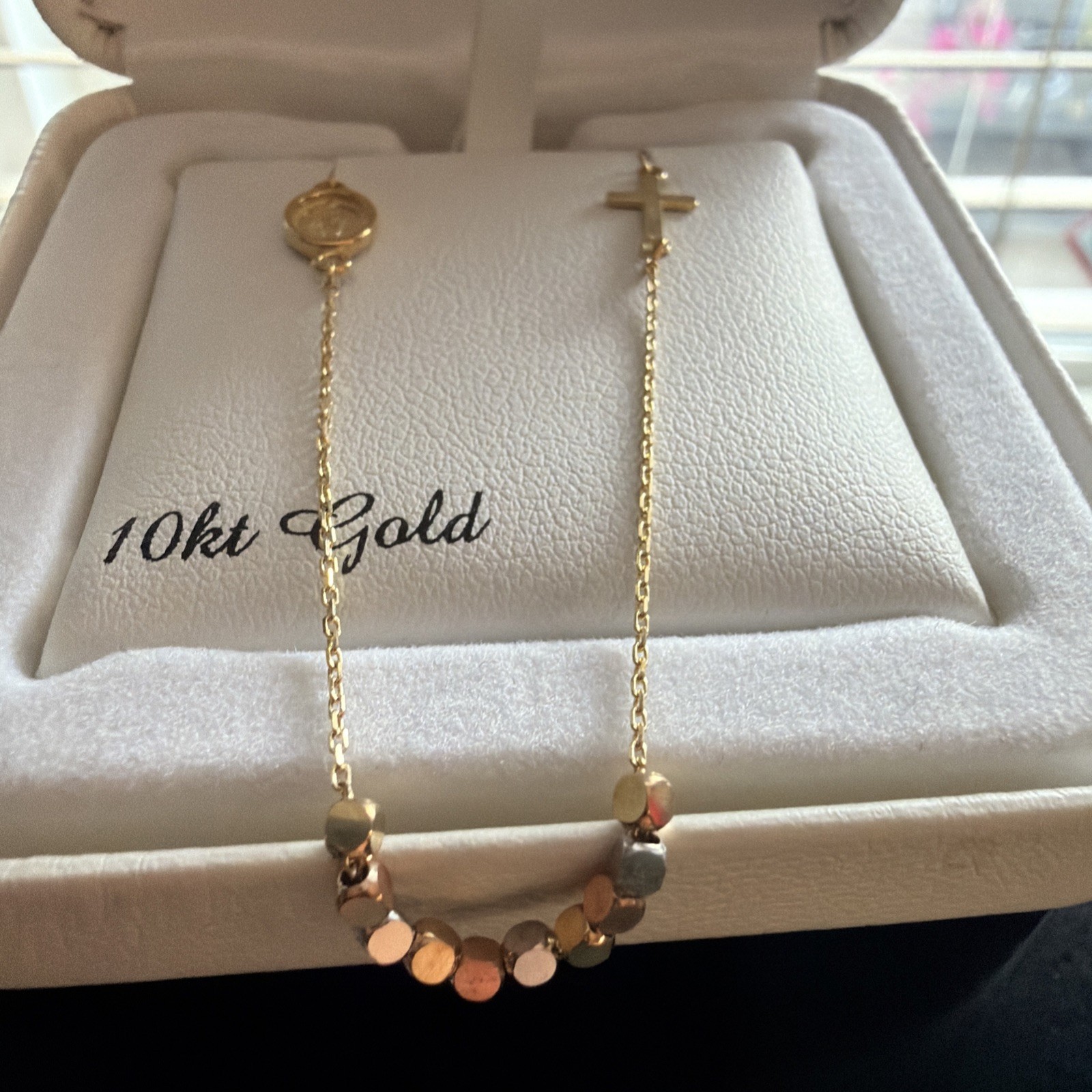 10k Gold Rosary Necklace w/ Medallion Cross Beads Spiritual Jewelry Elegant 17”