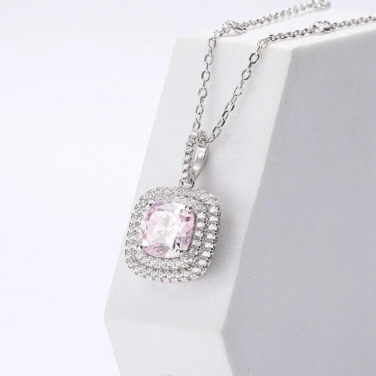 2Ct Cushion Cut Sapphire & Diamond Halo Pendant 18″ Free Chain 14k White Gold FN
