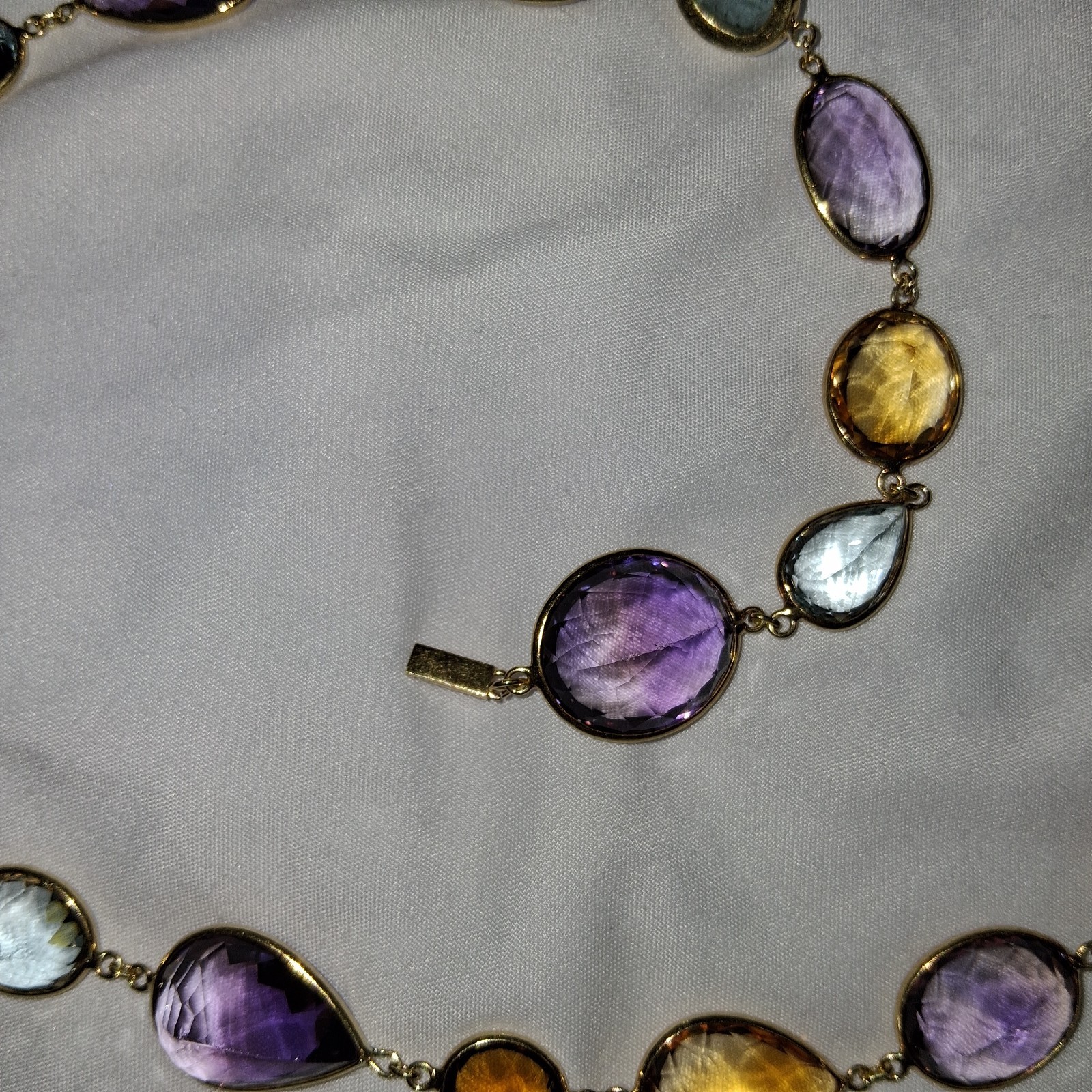 18k Yellow Gold multi color shape stone long necklace