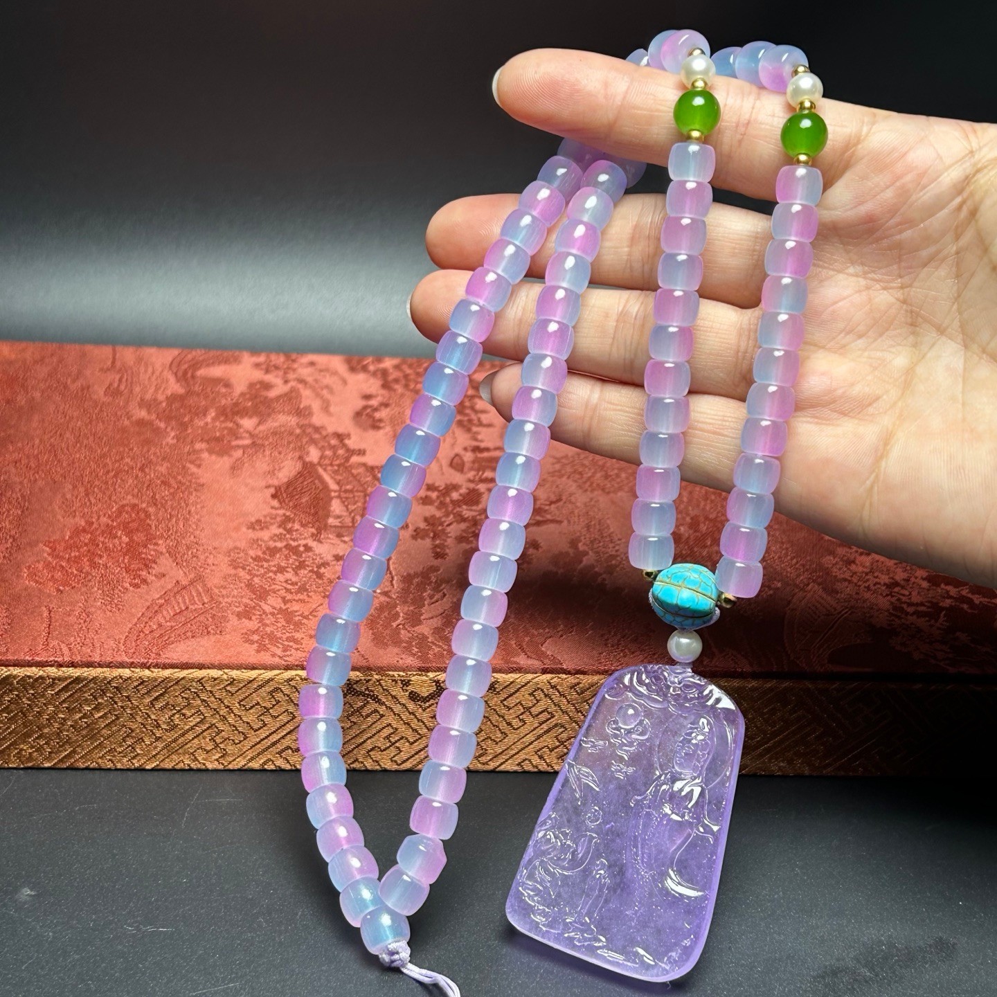 Nature ice Burmese Jade Jadeite carved kwan-yin lucky amulet Pendant&Necklaces
