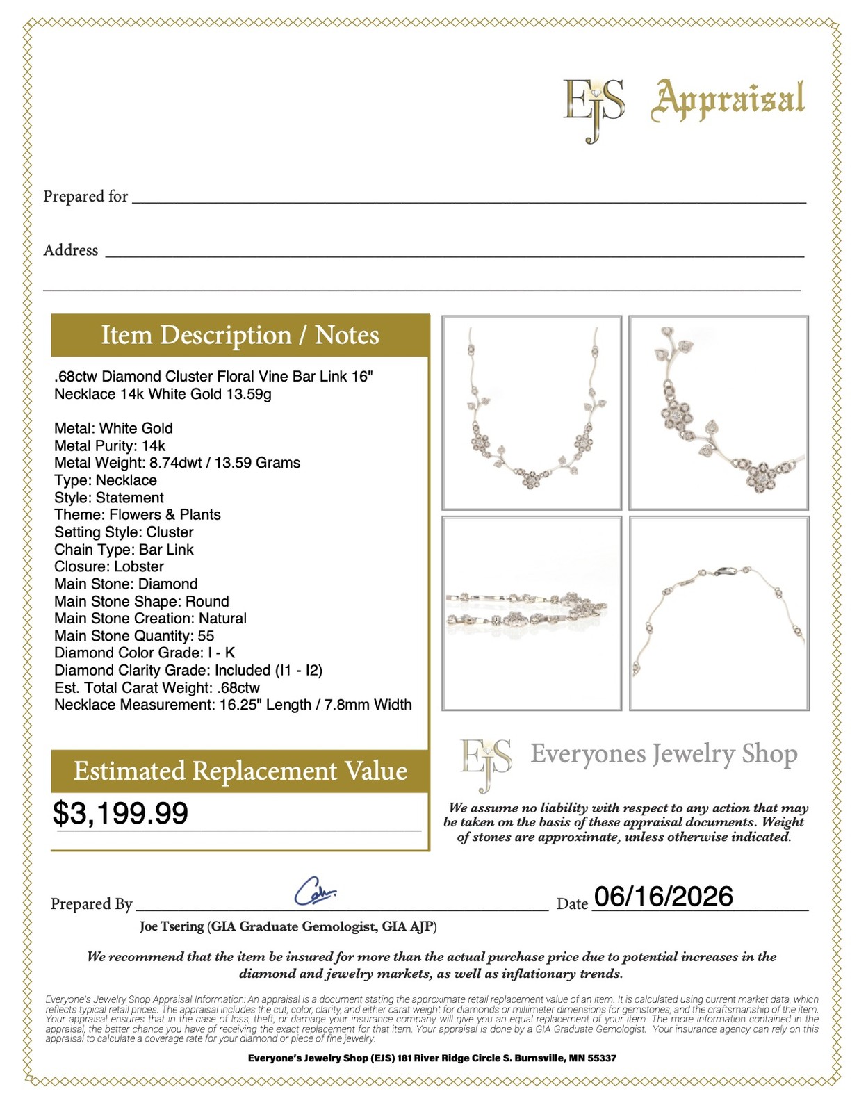 .68ctw Diamond Cluster Floral Vine Bar Link 16″ Necklace 14k White Gold 13.59g