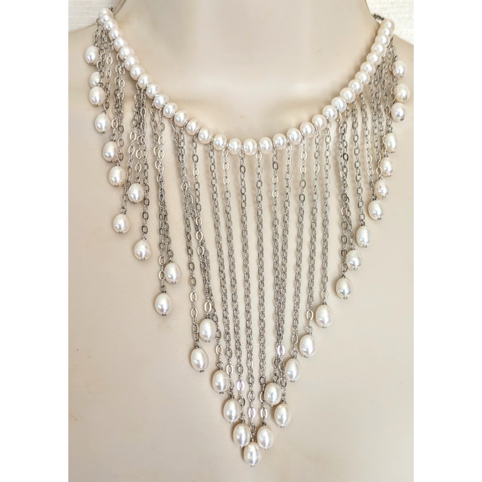 Sterling Silver White Cultured Pearl Fringe Bib Dangle 925 Gemstone Necklace