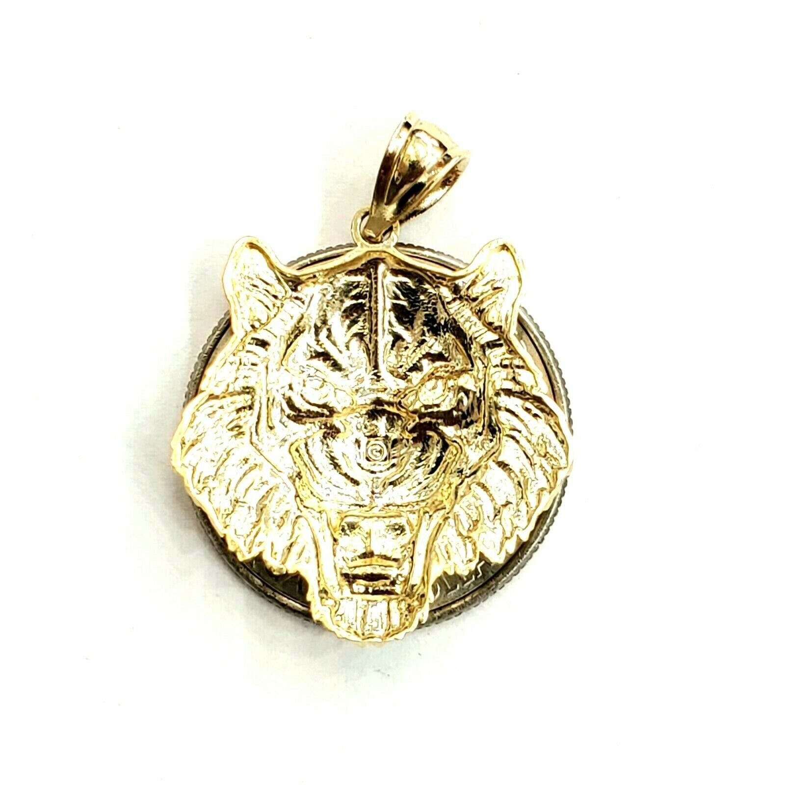 14k yellow solid Gold tiger male head face Pendant diamond cut fine jewelry 3.8g