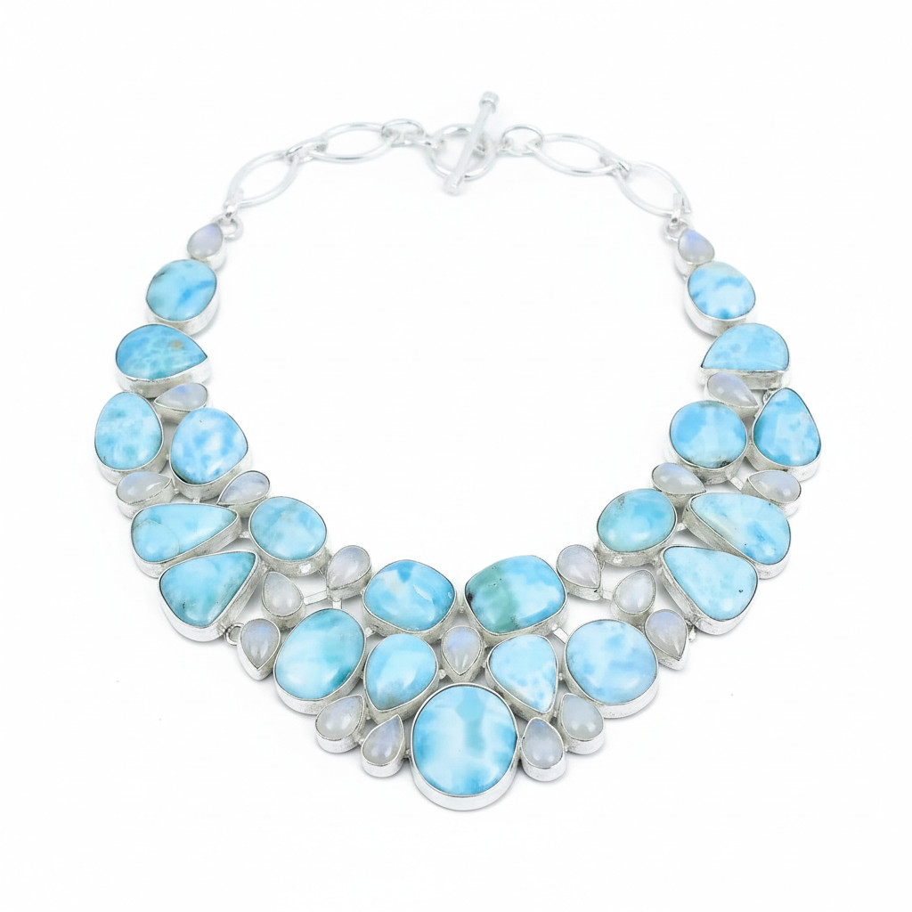 Natural Larimar Moonstone Necklace 925 Sterling Silver Artisan Jewelry S-18″