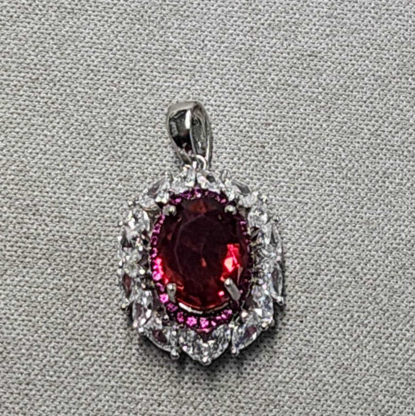 Garnet & Cubic Zirconia Sterling Silver Pendant 26mm