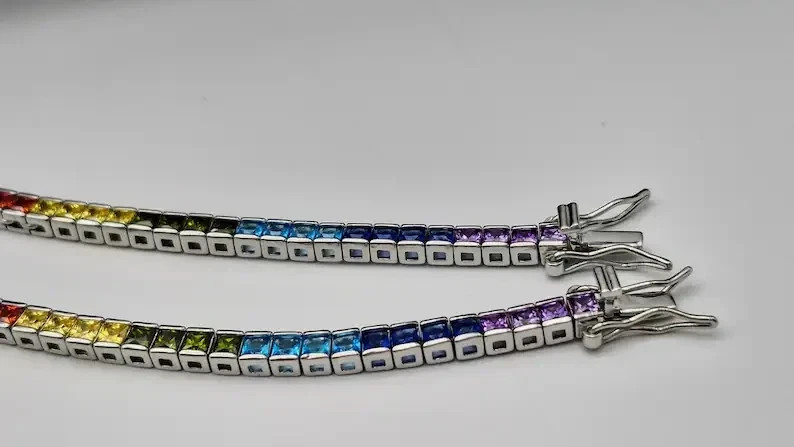 20TCW Princess Lab Created Rainbow Sapphire Tennis Necklace 925 Sterling Silver