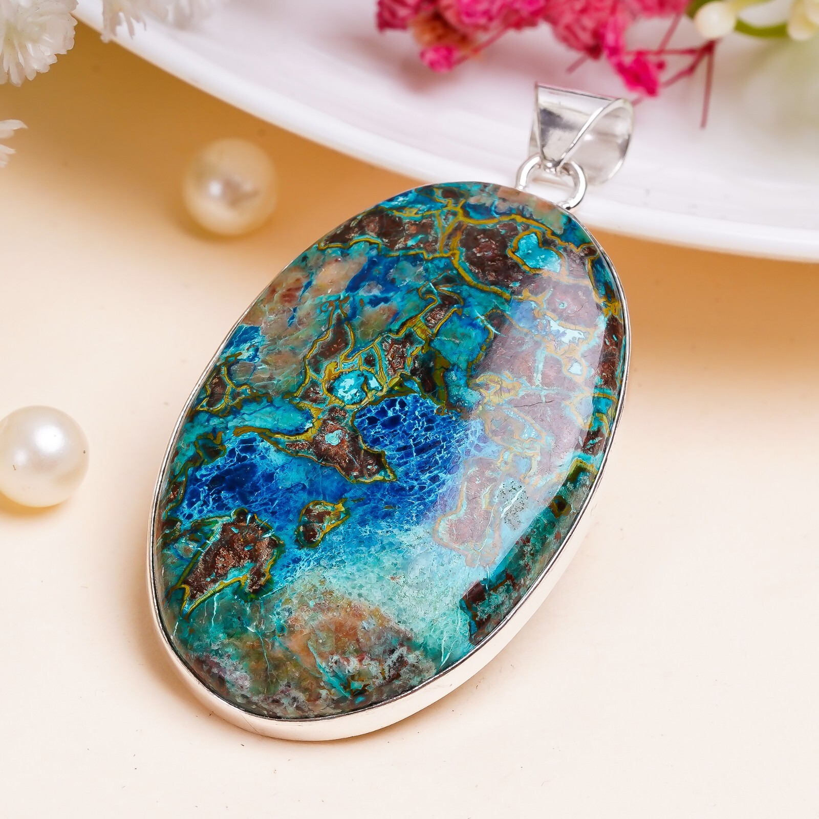 Shattukite Multicolor Gemstone Pendant 925 Sterling Silver Handmade Gift PG286