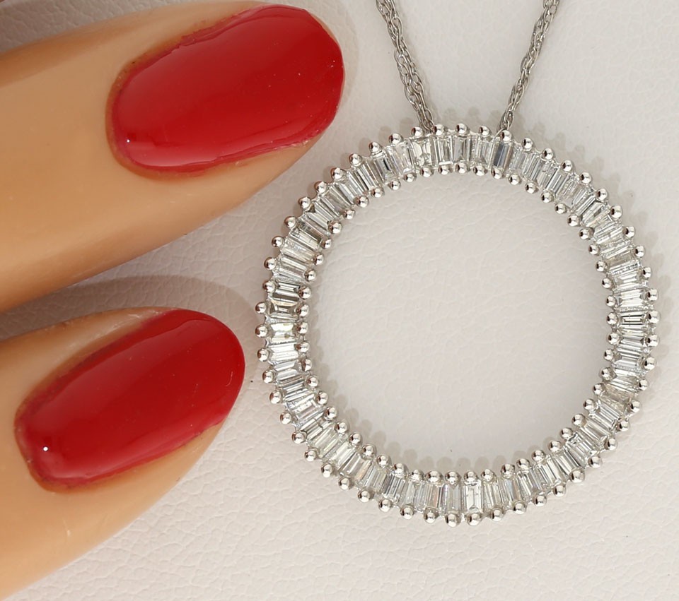 Natural Baguette Diamond Circle Pendant Necklace .80CT 14K WG 18”Chain