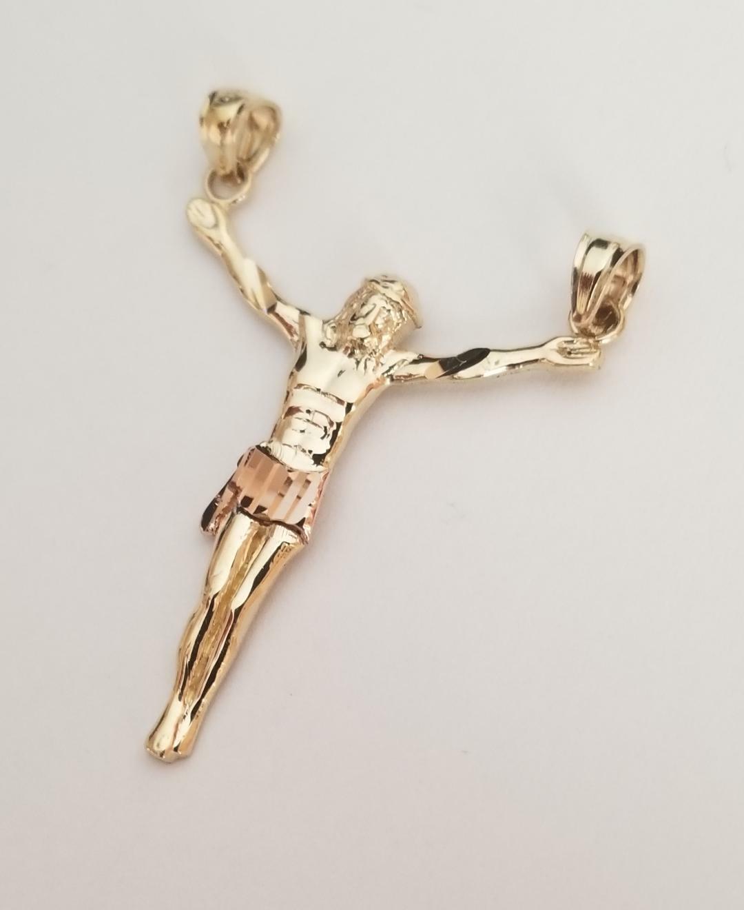 14K Real Yellow Rose Two Tone Gold Jesus Body Crucifix Cross Pendant