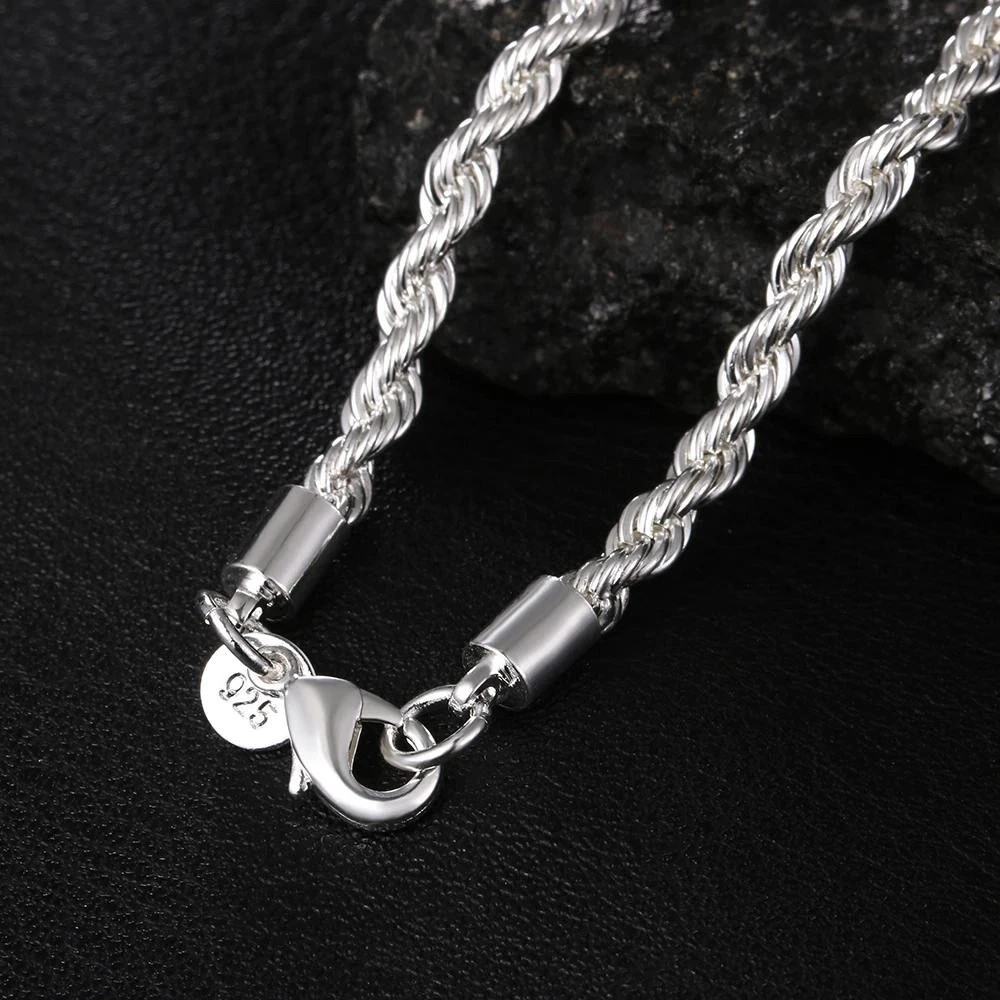 4mm Diamond Cut Solid 925 Sterling Silver Italian Rope Chain Men’s Necklace