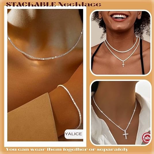 925 Sterling Silver Sparkly Necklace Layered Dainty Chain Necklace Silver Cross