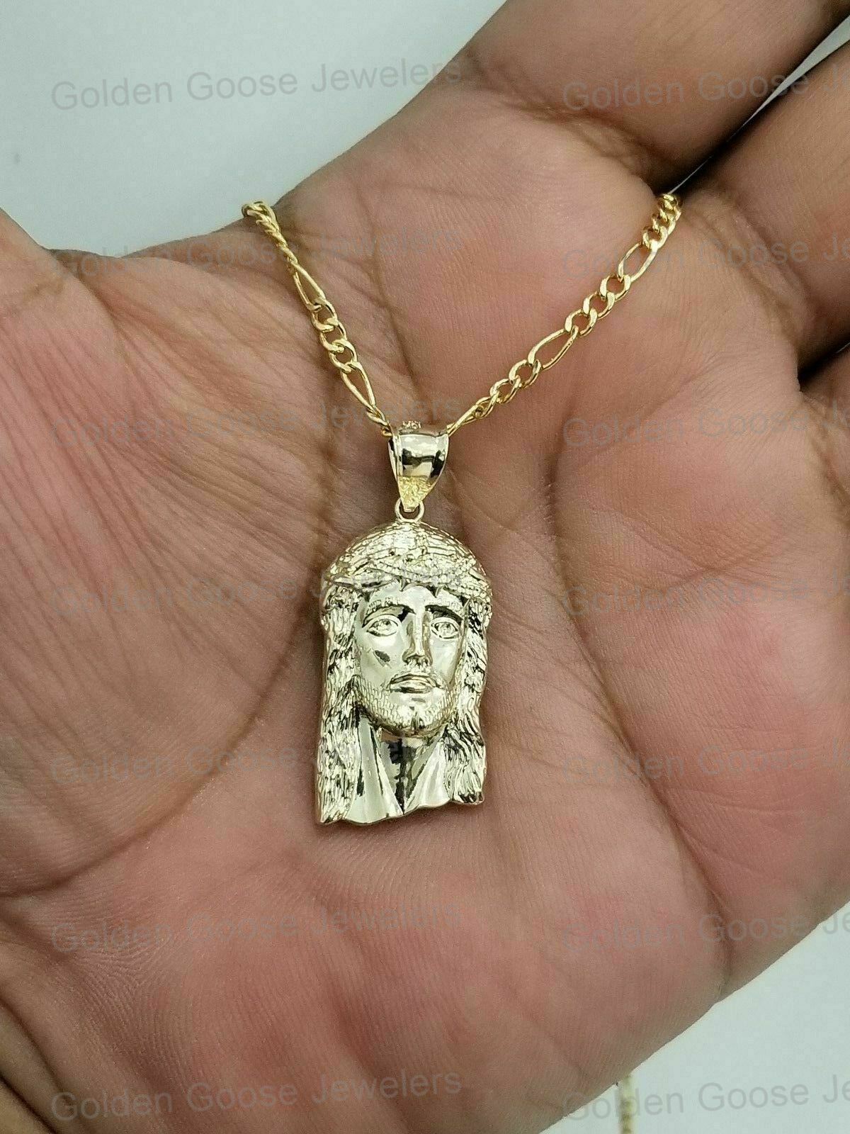 10K Yellow Gold Religious Jesus Face Pendant Charm 10K Figaro Chain 16″ – 24″