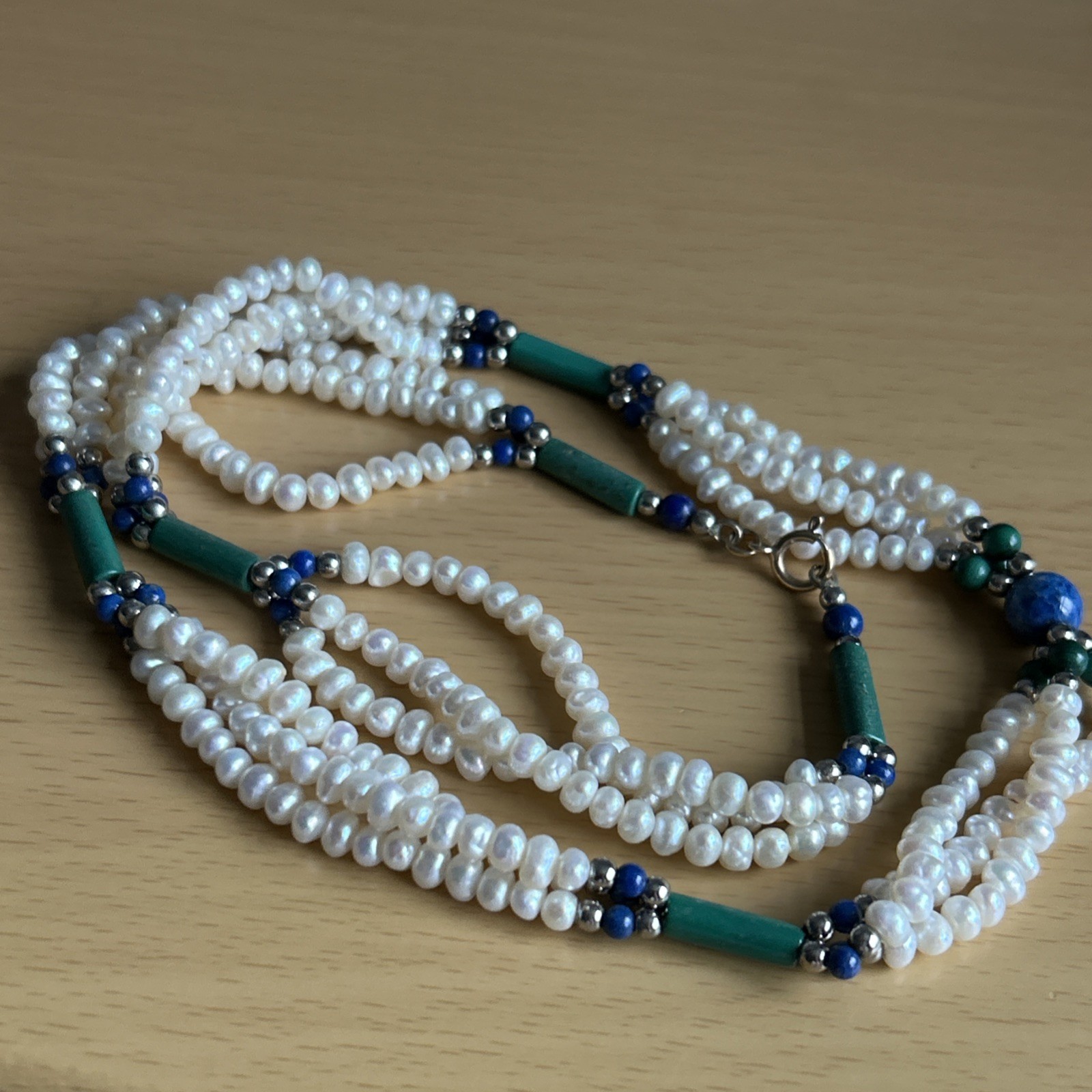 Vintage 9ct Gold Clasped Pearl/ Lapis Lazuli / Malachite Necklace/ 52cm