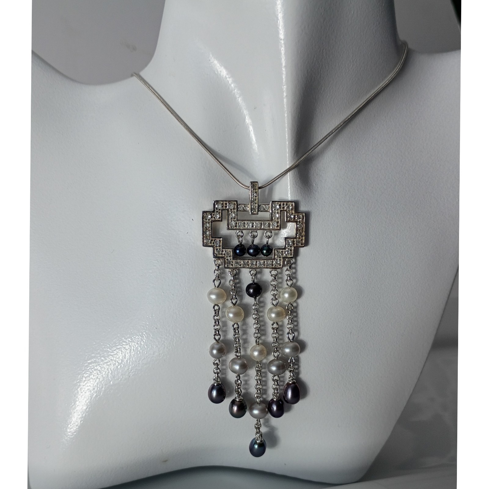 925 Sterling Silver & Pearl Deco Style Dangle Pendant Necklace 19″