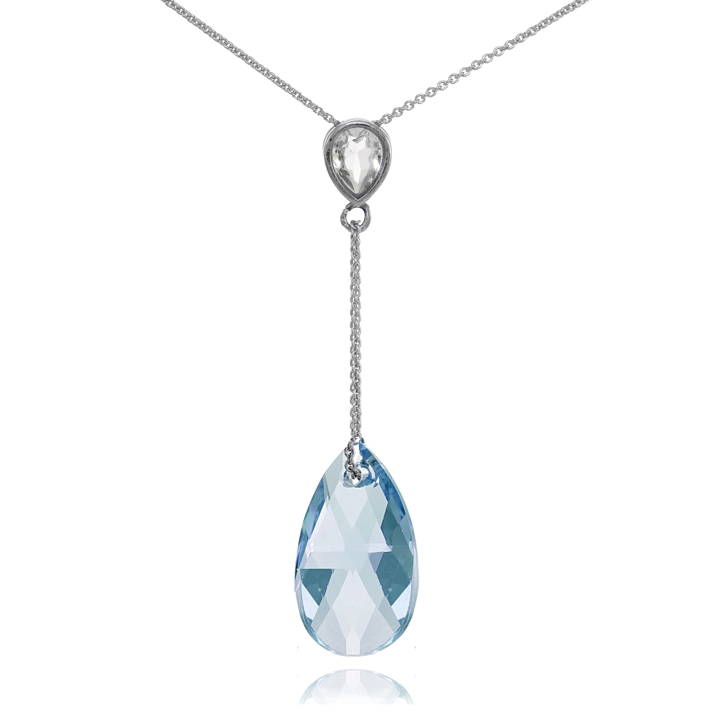 Sterling Silver Light Blue Teardrop Leaf Necklace Adorned w/ European Crystals