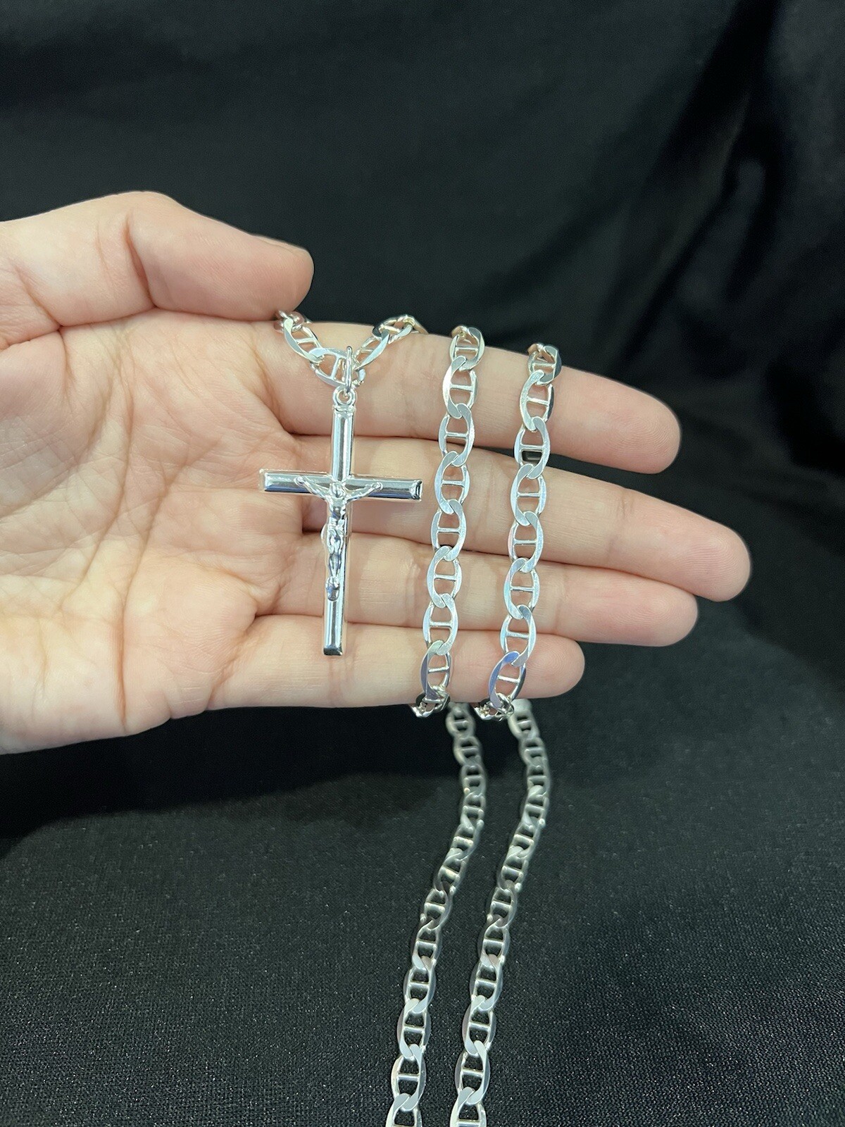 .925 Sterling Silver Mens Womens Cross Crucifix Pendant & Mariner Chain 20 26 30