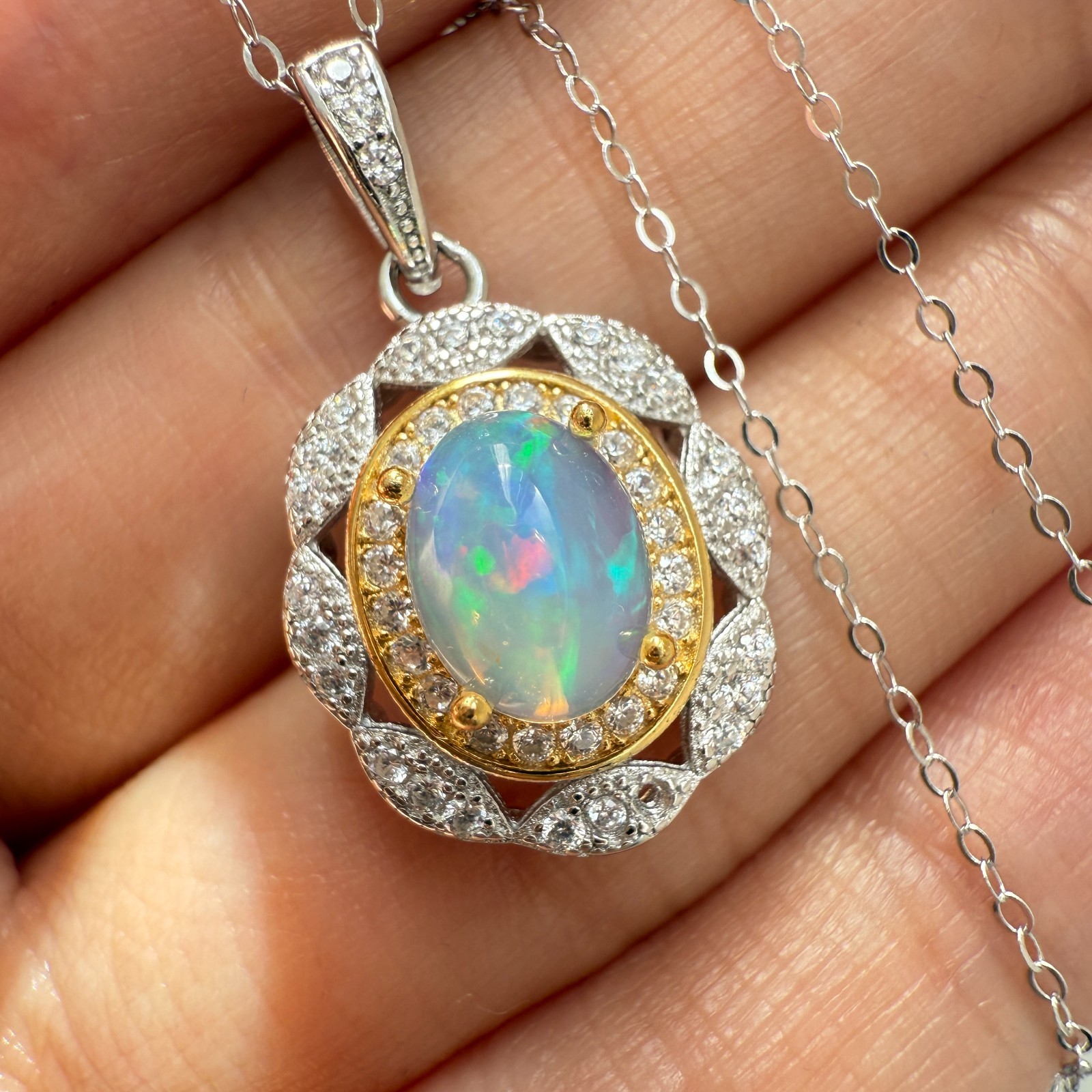 925 Sterling Silver Necklace 8x6mm Natural Opal Handmade Flower Birthstone