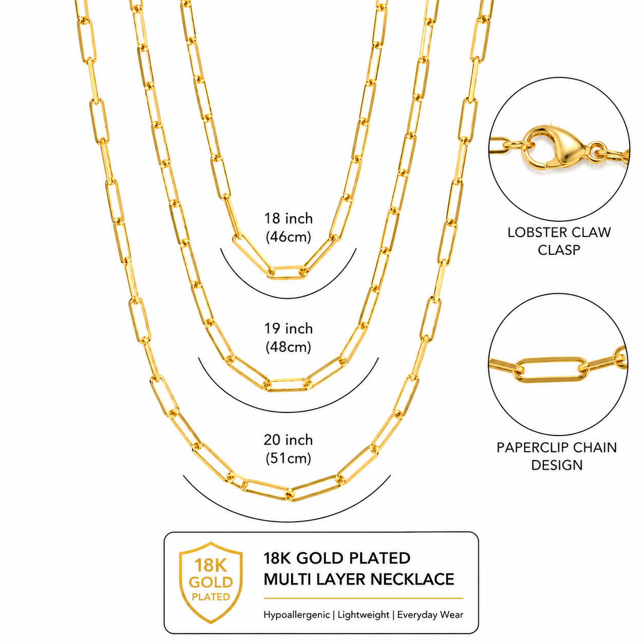 18ct Gold Plated 925 Sterling Silver Triple Layer Paperclip Chain Necklace
