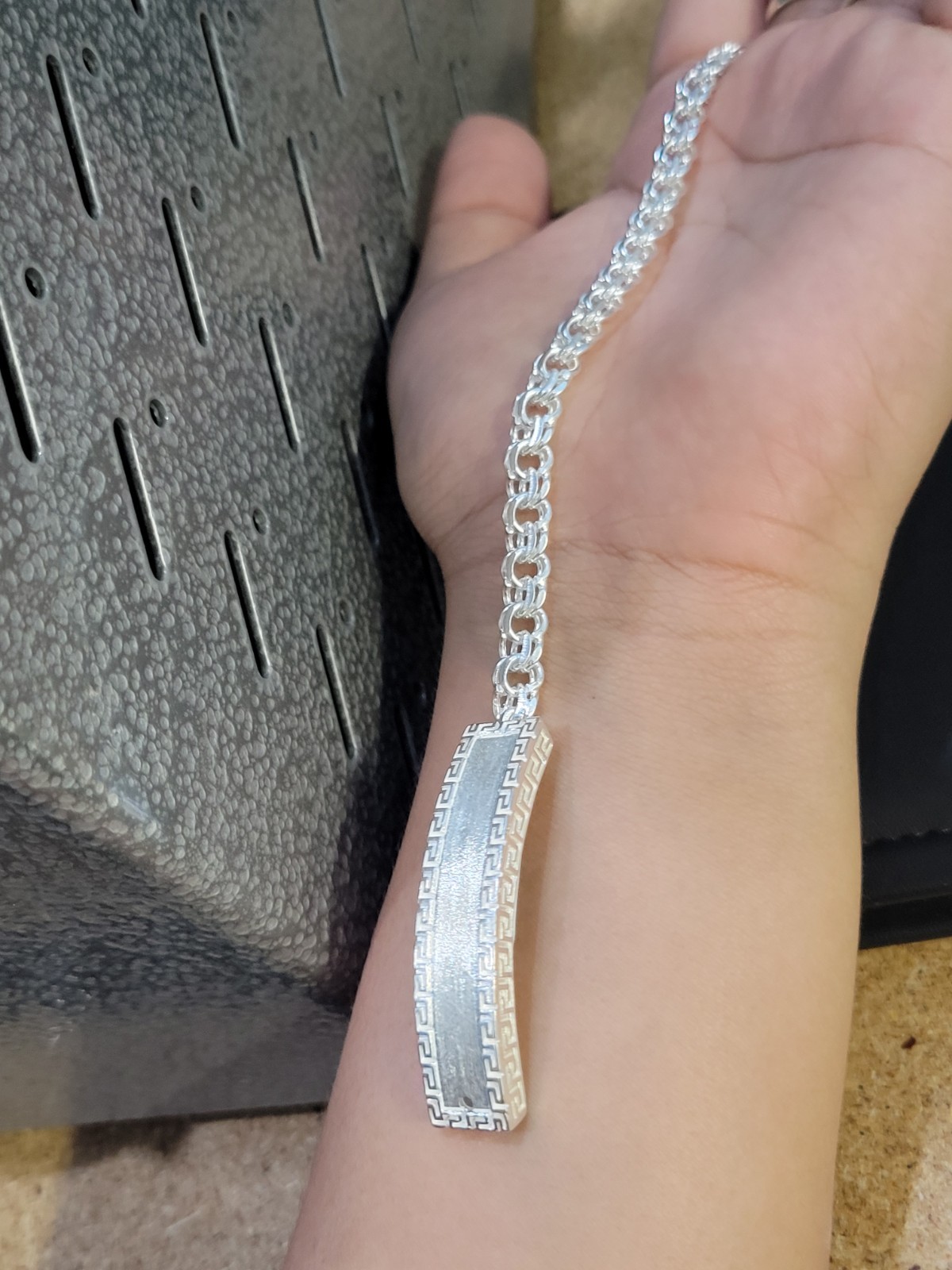 925 sterling silver Chino Link Greek Key Long Lock Bracelet 21g 7″ 6mm
