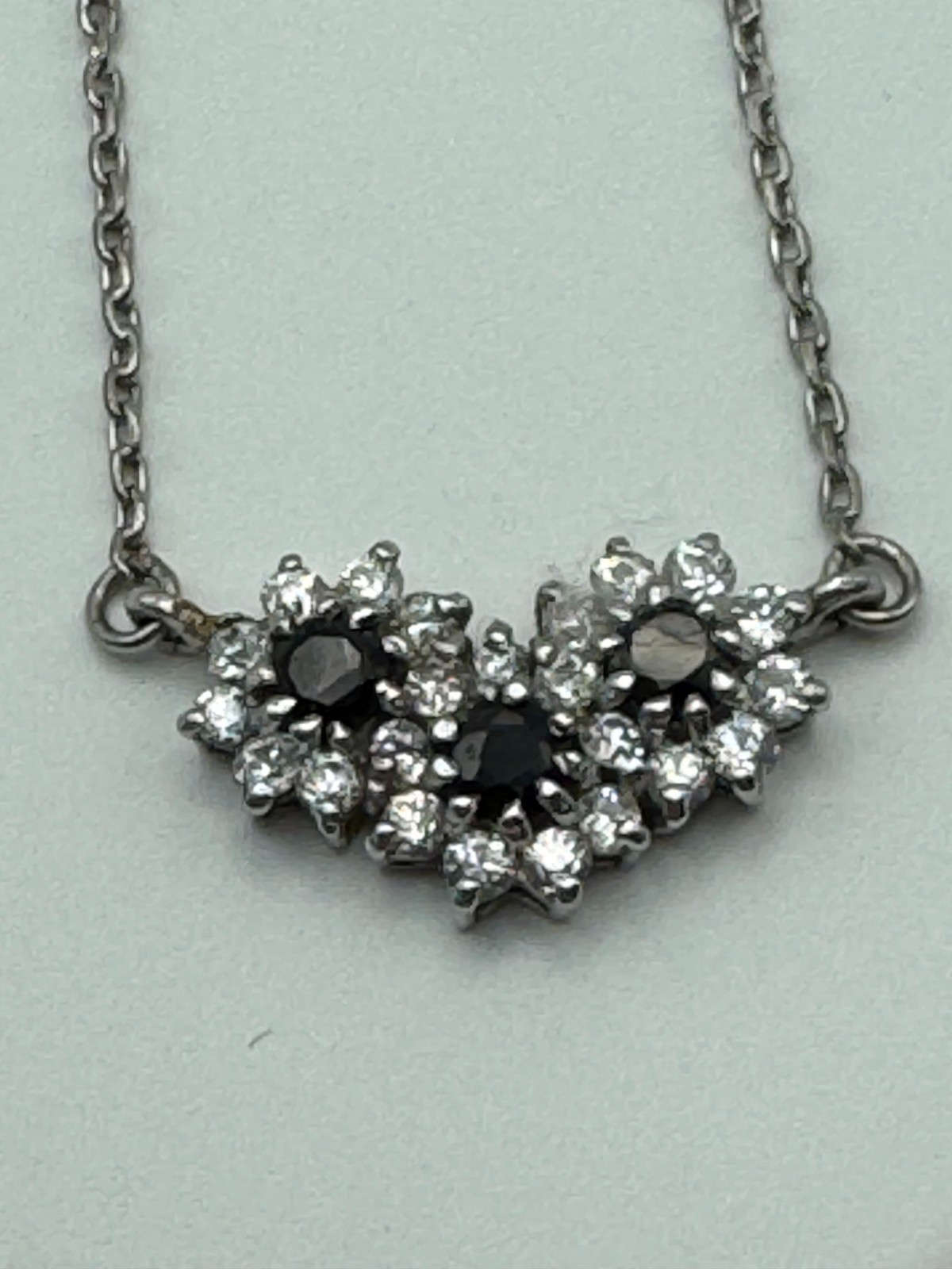 Nikolas Sterling Silver Necklace 17 In Black Clear Stone Cluster Pendant Vintage