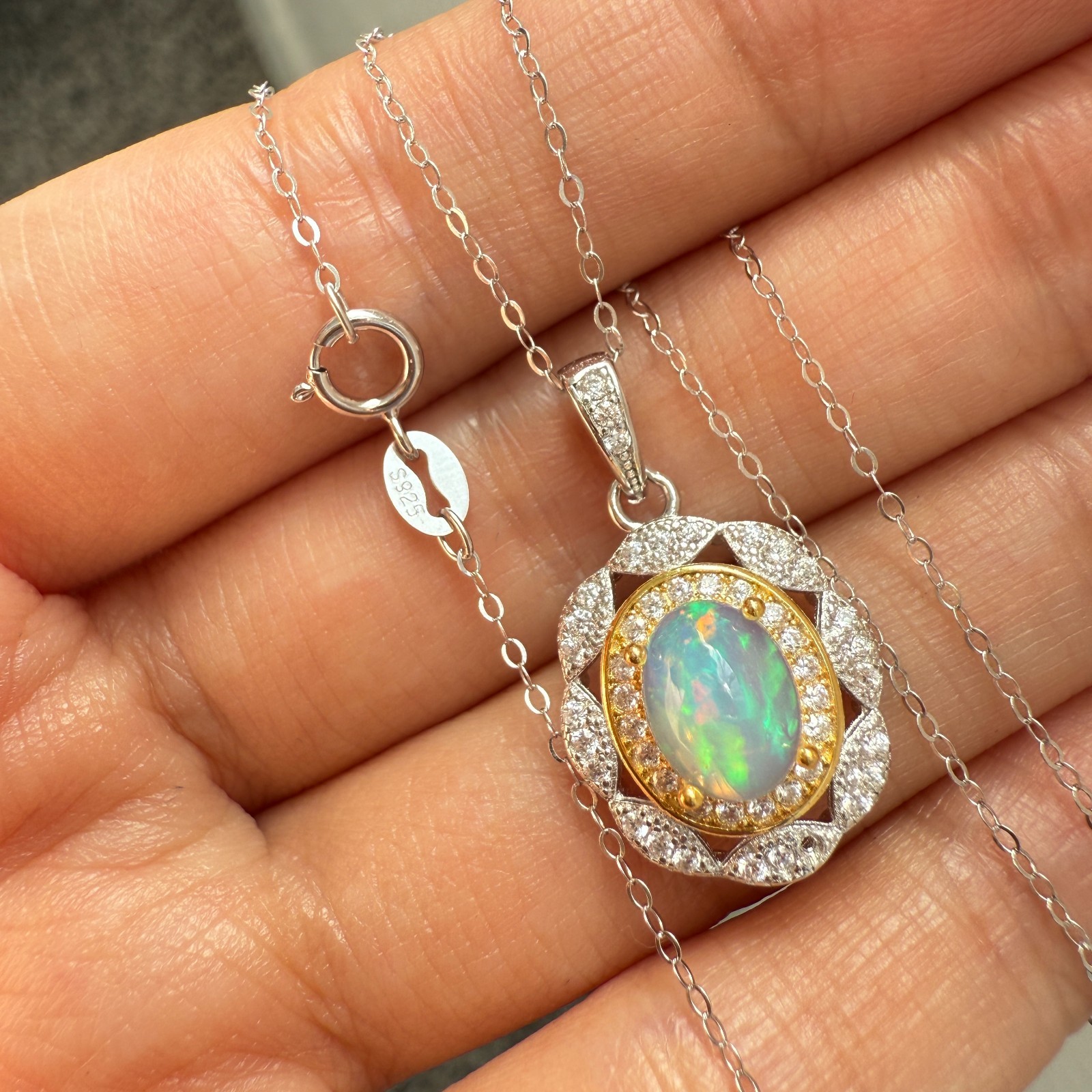 925 Sterling Silver Necklace 8x6mm Natural Opal Handmade Flower Birthstone