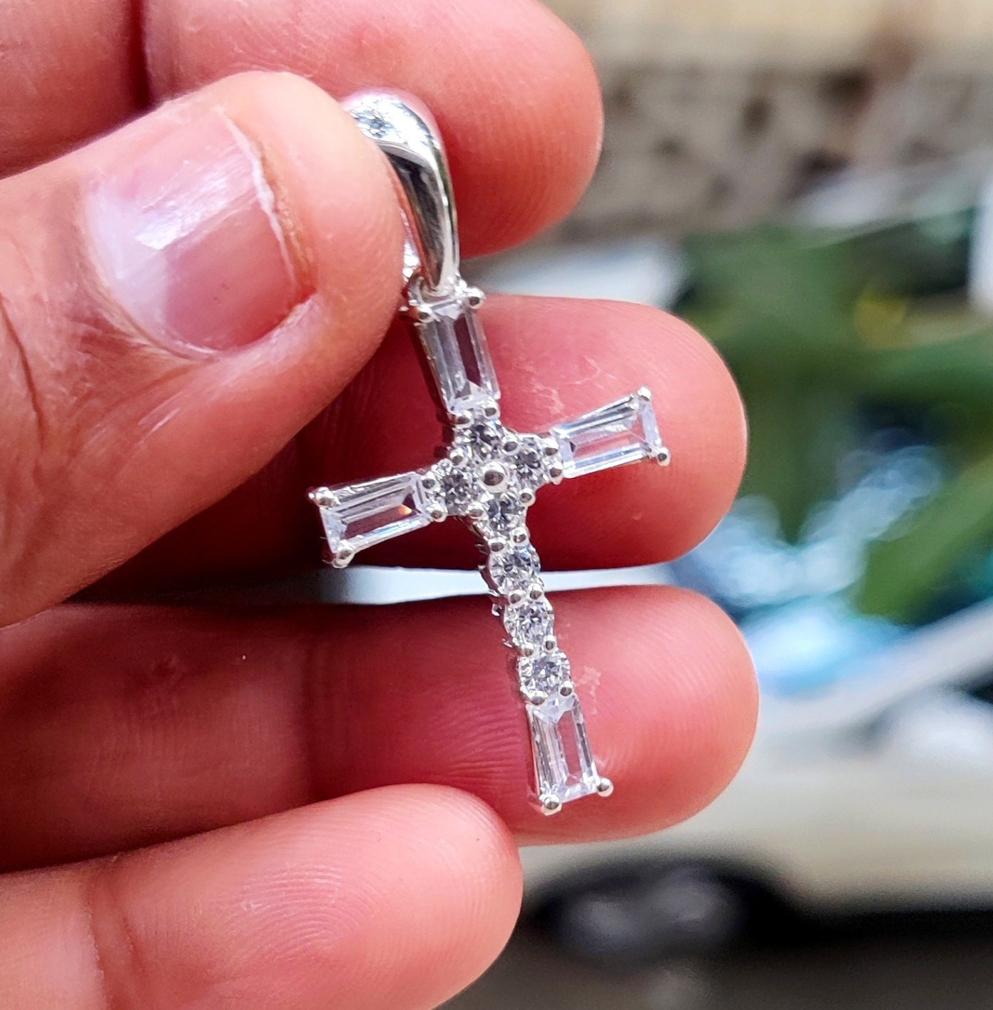 2Ct Bagutte Cut Natural Moissanite Cross Pendant 14K White Gold Plated Silver