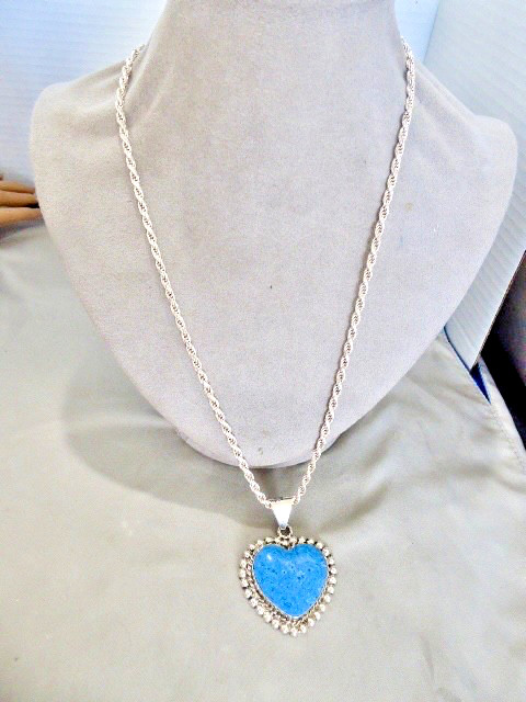 STUNNING 925 STERLING SILVER HEART SHAPE LAPIS TAXCO MEXICO PENDANT & CHAIN 26″