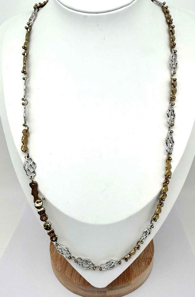 Vintage Anne Dick Sterling Silver Mixed Metal Brutalist Modernist Necklace 24″