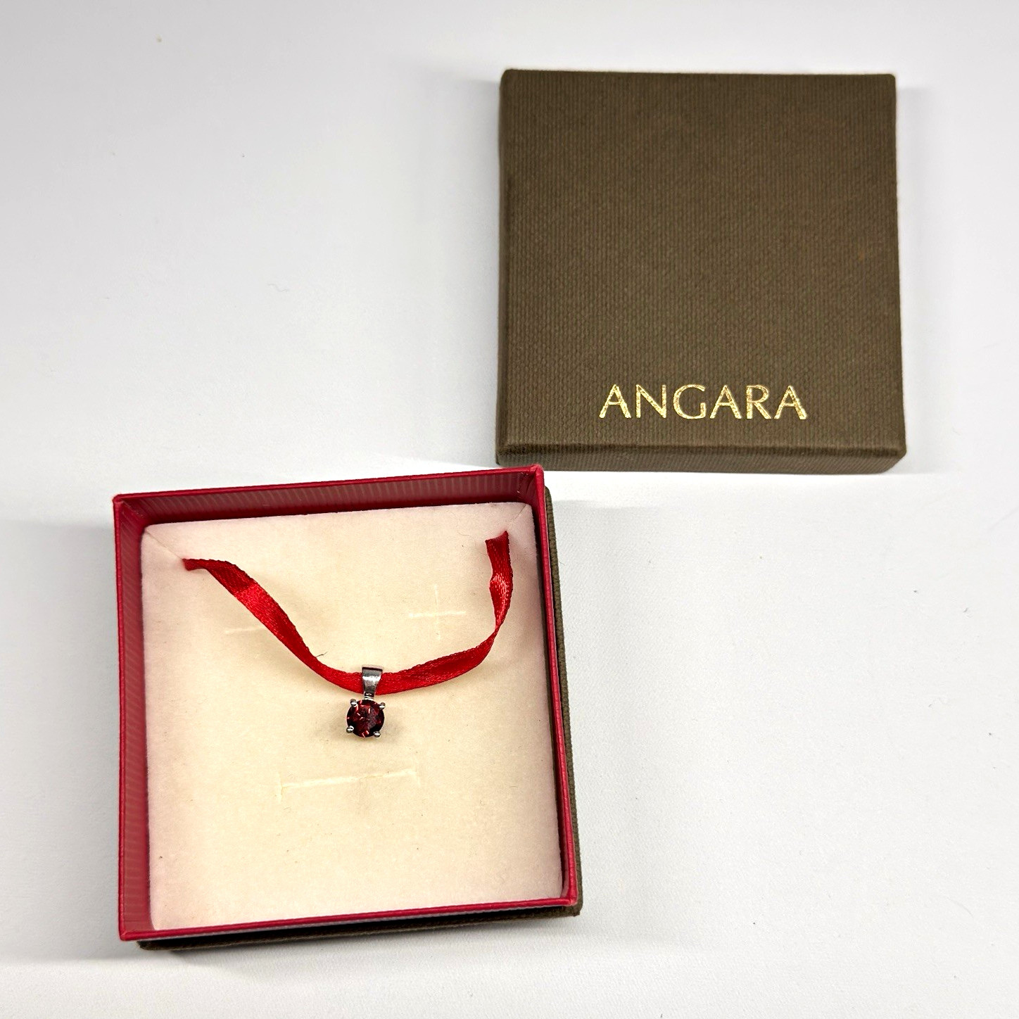 ANGARA 925 Sterling Silver Round Red Garnet Prong Pendant on Red Ribbon