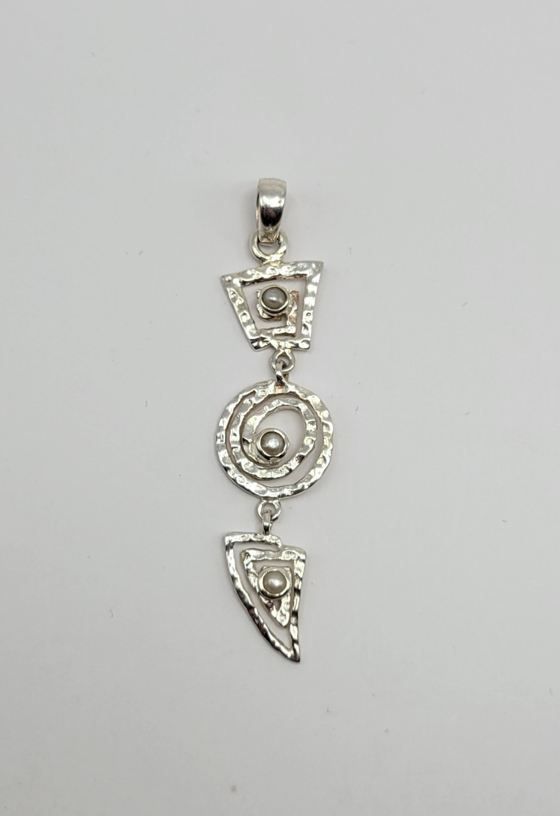 Sterling Silver Geometric Swirl Pearl Pendant ~ 2.25″