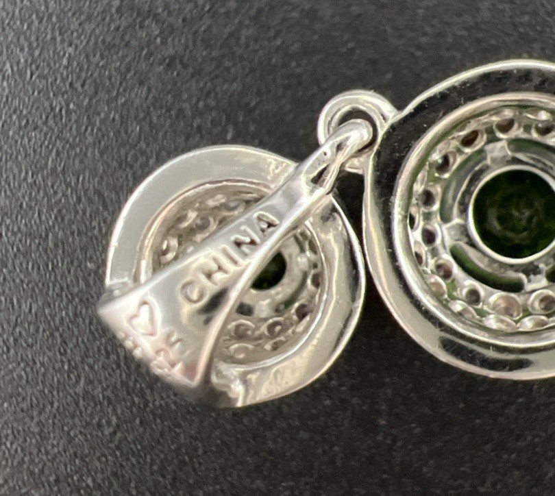 Green Stone & White/colorless CZ 3-tier Sterling Silver 925 Halo Pendant