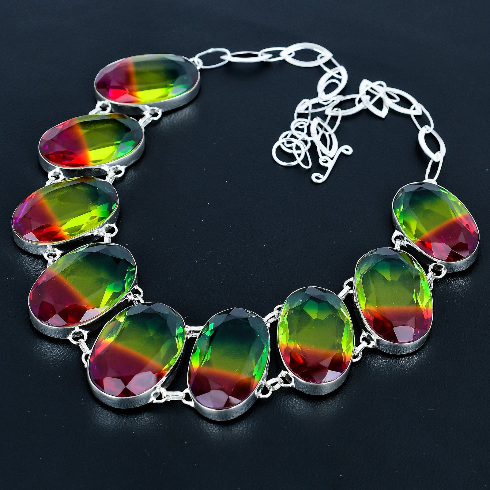 Multi Tourmaline Oval Gemstone 925 Sterling Silver Jewelry Necklace 18″ VJ 1407