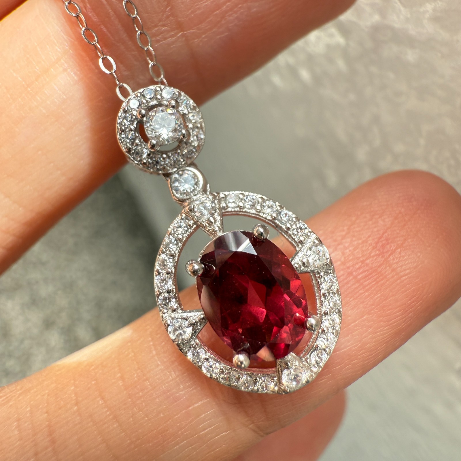 925 Sterling Silver Necklace 8x6mm Natural Garnet Zircon Flower Handmade Chain