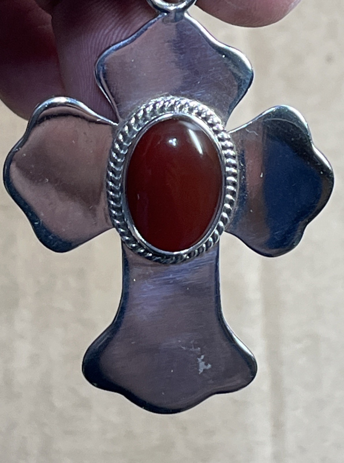 Vintage Sterling Silver 925 Dark Red Cross Pendant Mexico Very Good Condition
