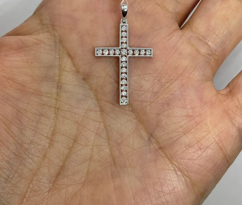 0.48Ct Round Cut Real Moissanite Cross Religious Pendant 14K White Gold Plated
