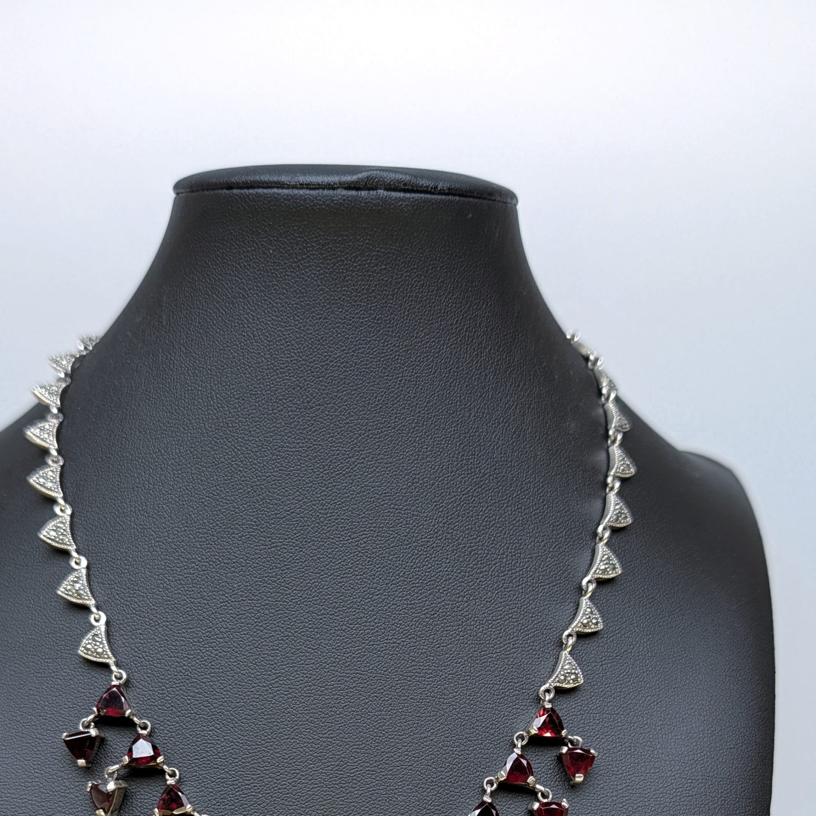 Sterling Silver 925 Garnet Marcasite Choker Necklace Red Dangles Fringe