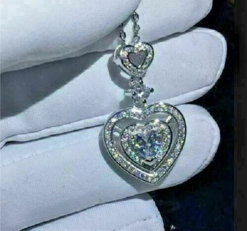 1.50Ct Heart & Round Cut Diamond Bezel Halo Pendant Necklace 14K White Gold Over