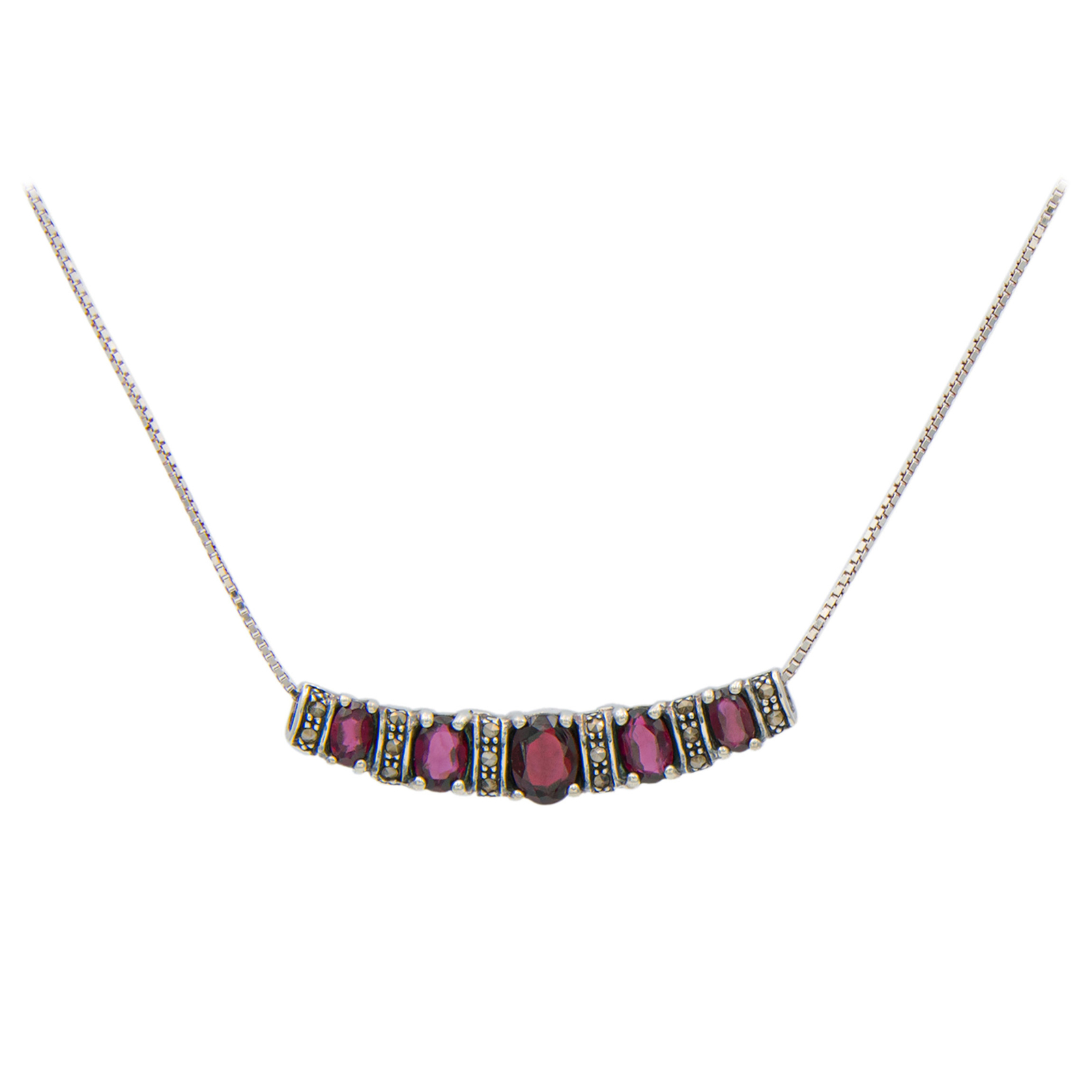 Sterling Silver Red Garnet and Marcasite Slide Pendant and 18″ Necklace