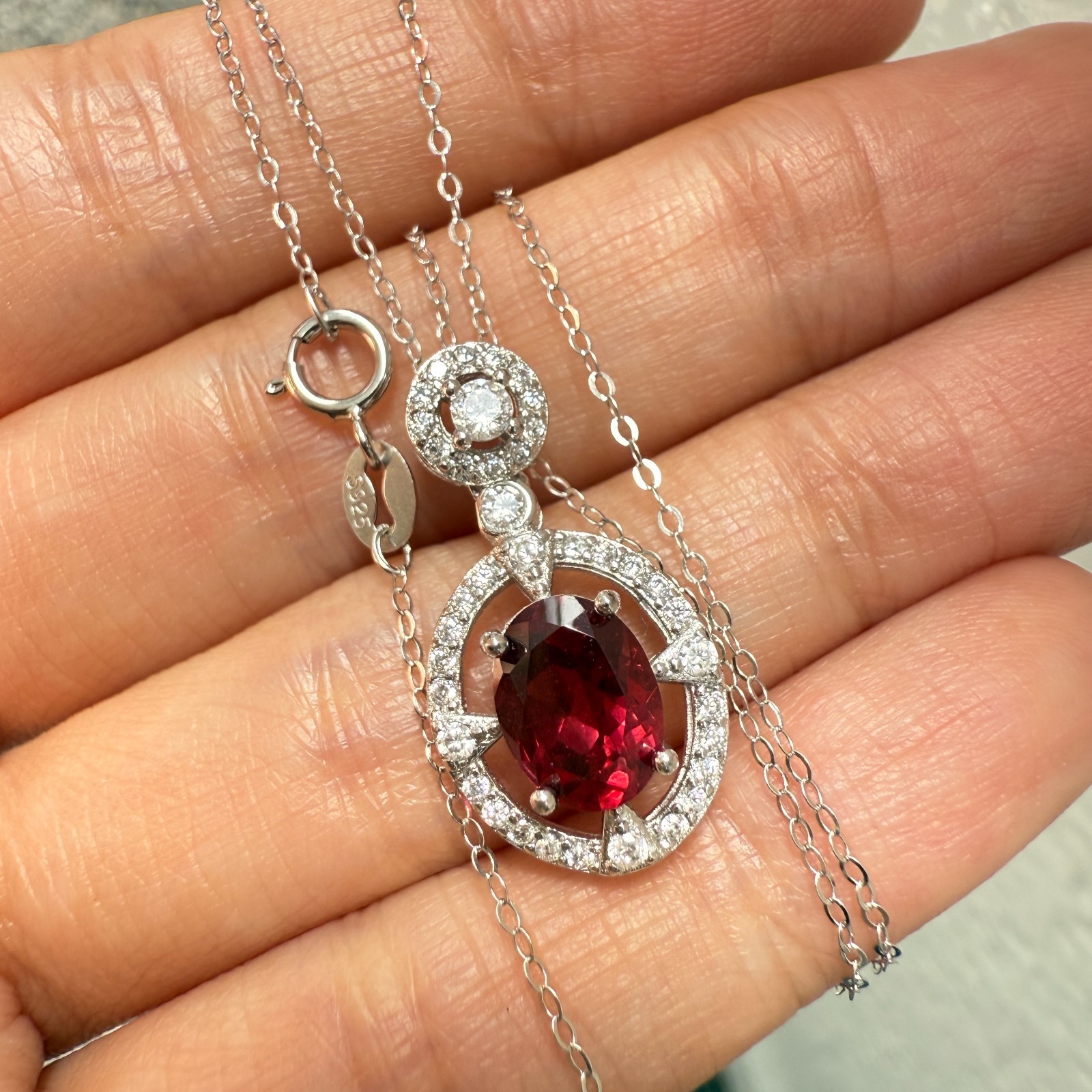 925 Sterling Silver Necklace 8x6mm Natural Garnet Zircon Flower Handmade Chain