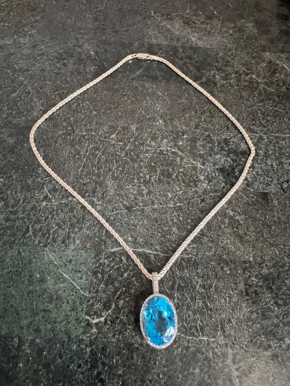 Sterling Silver 925 Large Oval Blue Topaz and White Topaz Pendant With 17″ Chain