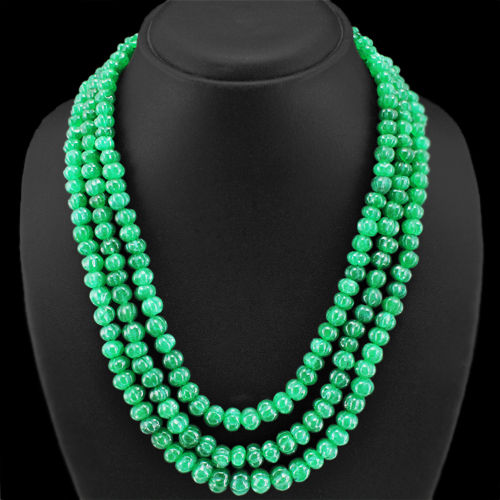 BEAUTIFUL RARE 643.00 CTS EARTH MINED 3 LINE GREEN EMERALD CARVED BEADS NECKLACE