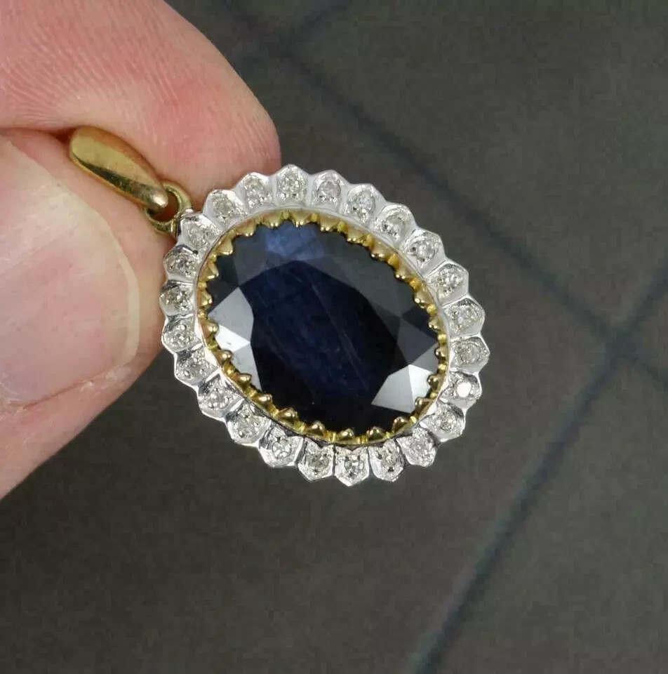 3Ct Oval Cut Sapphire Halo Pendant 14K Two Tone Gold Finish Free Chain