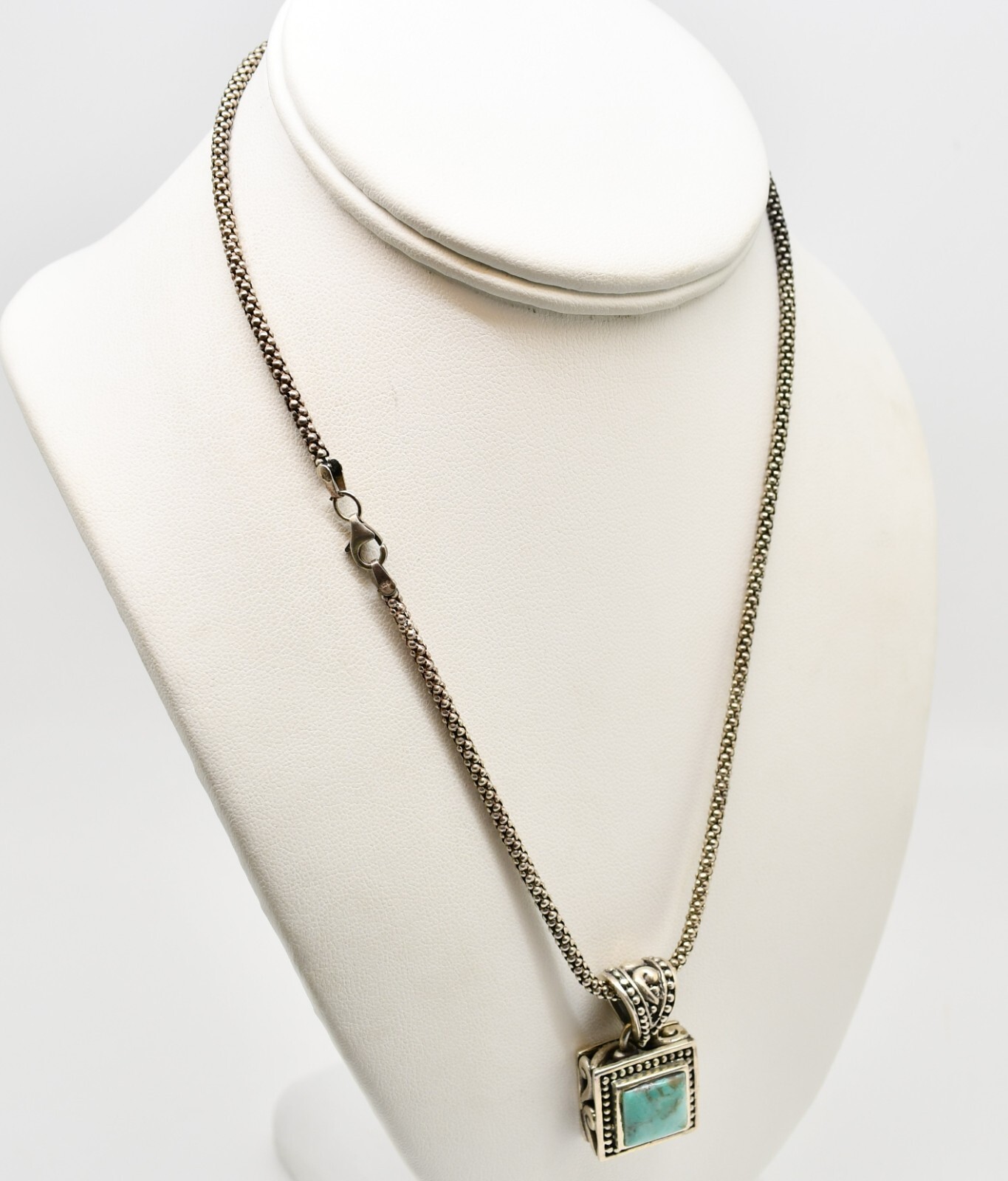 Sterling Silver Popcorn Chain Link Necklace w Turquoise Pendant 16.75″ #FMX690